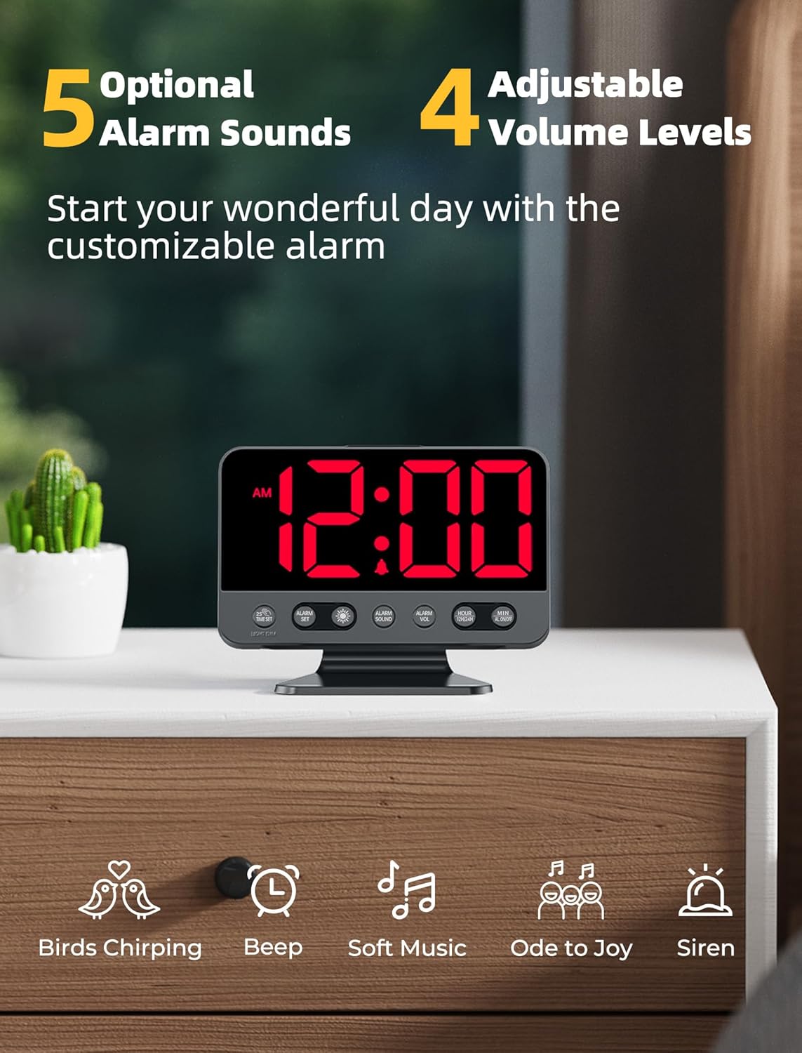 Digital Alarm Clocks for Bedrooms: Large Bold Number 5 Brightness Dimmer - Easy to Read Across The Room - 5 Alarm Sound 8 Night Light - Silver