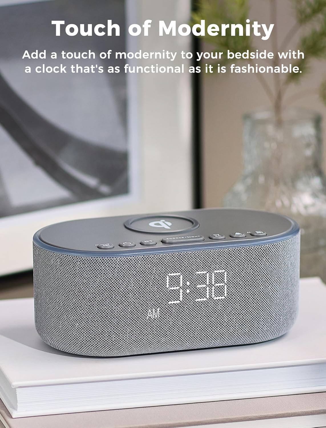 Wireless Charging Alarm Clock Radio: Qi Certified Fast Wireless Charger for iPhone Samsung - 10W Stereo Bluetooth Speaker - Dimmable Digital Clock with FM Radio for Bedroom Gray