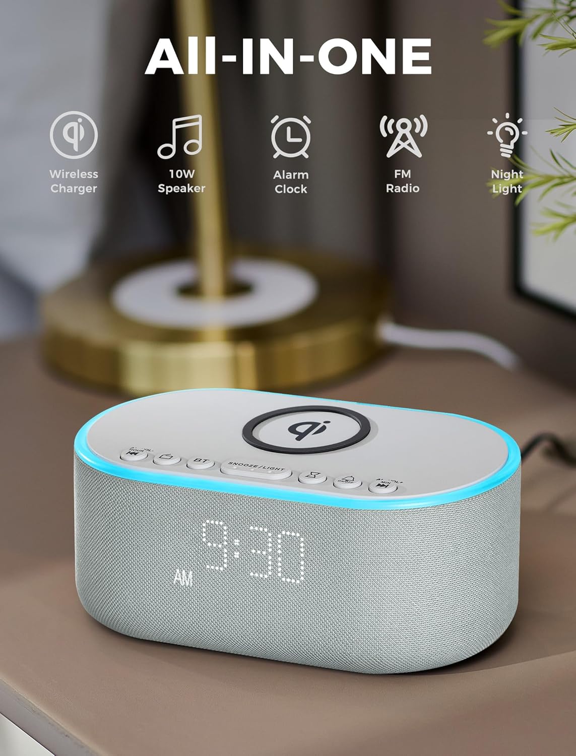 Wireless Charging Alarm Clock Radio: Qi Certified Fast Wireless Charger for iPhone Samsung - 10W Stereo Bluetooth Speaker - Dimmable Digital Clock with FM Radio for Bedroom Gray