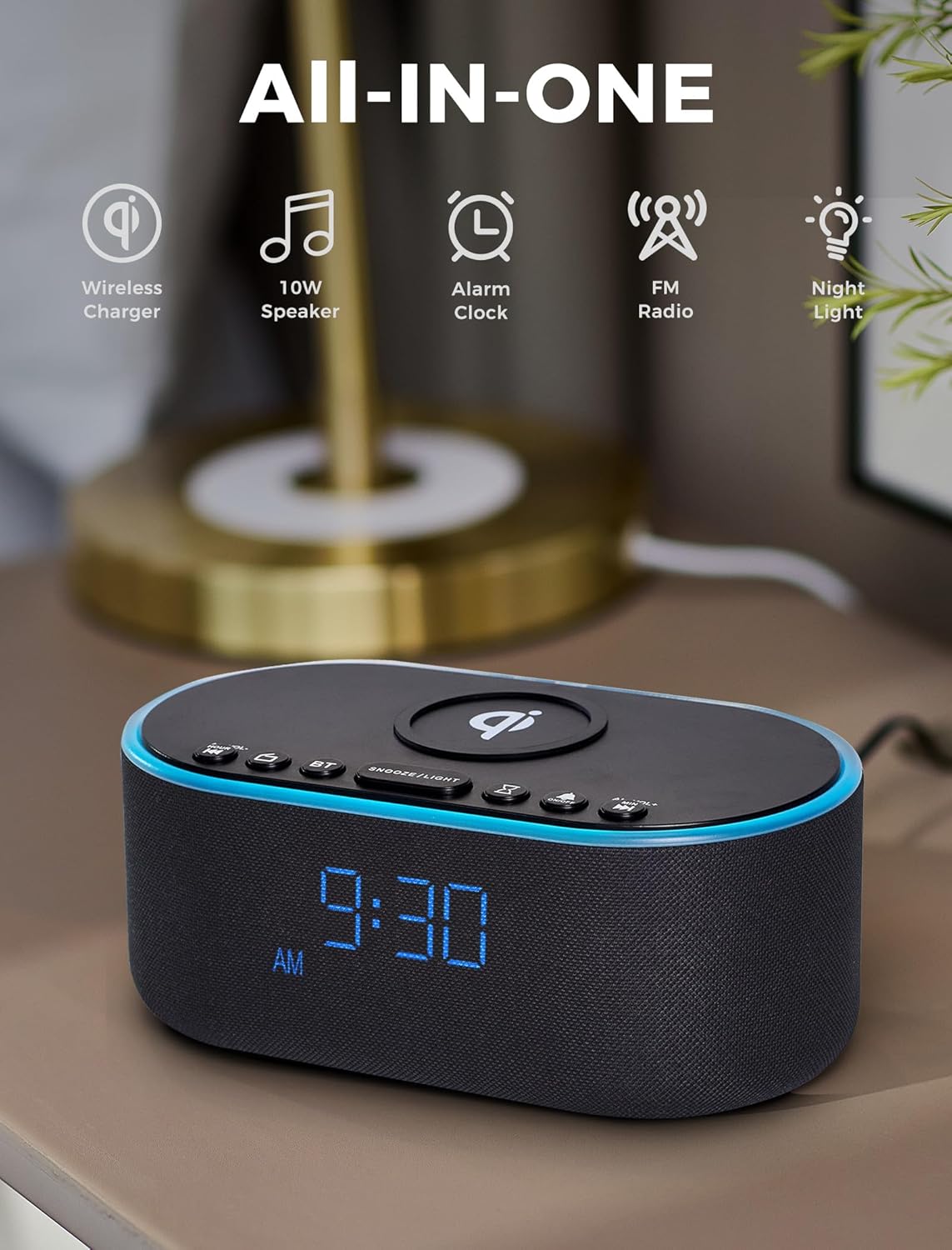 Wireless Charging Alarm Clock Radio: Qi Certified Fast Wireless Charger for iPhone Samsung - 10W Stereo Bluetooth Speaker - Dimmable Digital Clock with FM Radio for Bedroom Gray