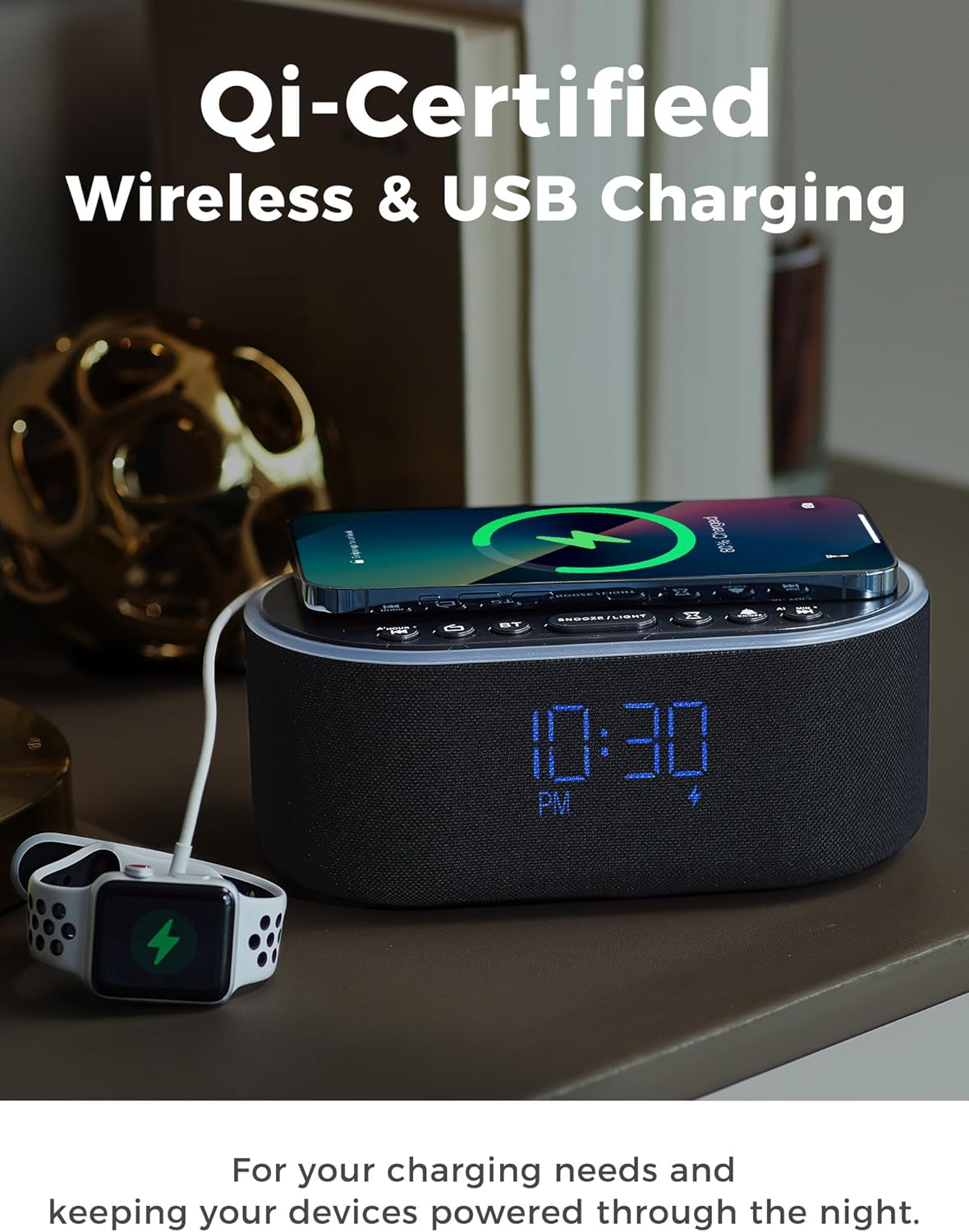Wireless Charging Alarm Clock Radio: Qi Certified Fast Wireless Charger for iPhone Samsung - 10W Stereo Bluetooth Speaker - Dimmable Digital Clock with FM Radio for Bedroom Gray